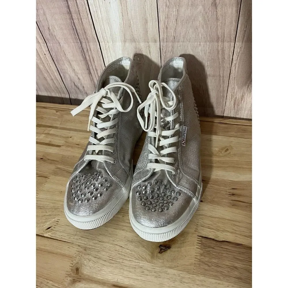 Superga Womens 9 US High Tops Silver Glitter Studded lace up